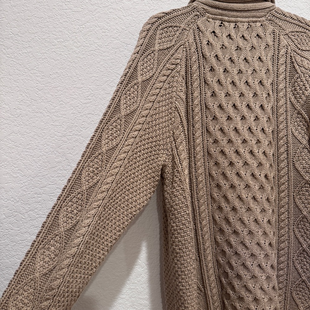 LLBean Signature Fisherman Cable Knit Sweater Cardigan Grandpa Cotton Brwn Tan L - Picture 14 of 16